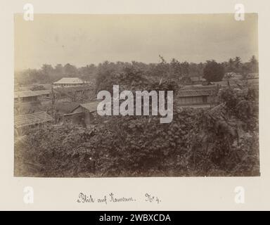 Vue des environs d'un bâtiment gouvernemental au Cameroun, anonyme, 1899 photographie photo 4 d'un panorama de 4. Partie de l'album photo avec des enregistrements du Cameroun vers 1899. Cameroun support photographique albumen print forêt, bois. Perspective de village, silhouette de village Cameroun Banque D'Images