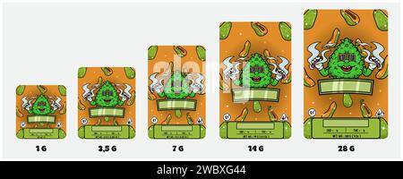 Souches de papaye et Weed Bud avec Smoking Mascot Cartoon. Ensemble de couverture d'emballage de produit avec 1G, 3,5G, 7G, 14G et 28G. Taille évolutive sans perdre le Illustration de Vecteur