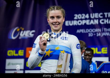 Apeldoorn, pays-Bas. 12 janvier 2024. APELDOORN, PAYS-BAS - 12 JANVIER : Emma Finucane lors du jour 3 des Championnats d'Europe UEC Track Elite 2024 à Omnisport le 12 janvier 2024 à Apeldoorn, pays-Bas. (Photo de Rene Nijhuis/Agence BSR) crédit : Agence BSR/Alamy Live News Banque D'Images