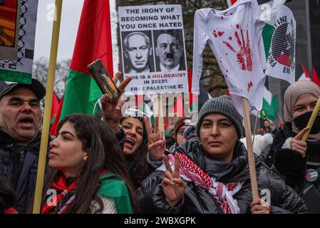 La Haye, Hollande du Sud, pays-Bas. 12 janvier 2024. Un manifestant pro-palestinien donne un signe de paix. Le 12 janvier 2024, des militants pro-israéliens et pro-palestiniens ont manifesté devant la Cour internationale de Justice à la Haye. À l'intérieur de la Cour, Israël s'est défendu contre l'accusation de génocide de l'Afrique du Sud. (Image de crédit : © James Petermeier/ZUMA Press Wire) USAGE ÉDITORIAL SEULEMENT! Non destiné à UN USAGE commercial ! Banque D'Images