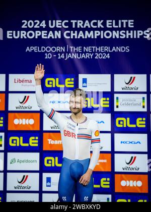 Apeldoorn, pays-Bas. 12 janvier 2024. APELDOORN, PAYS-BAS - 12 JANVIER : Daniel Bigham lors du jour 3 des Championnats d'Europe UEC Track Elite 2024 à Omnisport le 12 janvier 2024 à Apeldoorn, pays-Bas. (Photo de Rene Nijhuis/Agence BSR) crédit : Agence BSR/Alamy Live News Banque D'Images