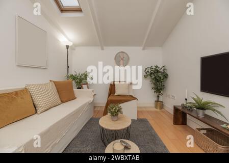 salon d'une petite maison mansardée de style loft avec un canapé simple et trois places et une table basse en bois noir et en métal Banque D'Images