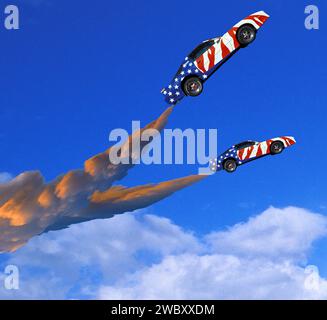 deux voitures musculaires américaines volant comme des fusées dans l'air avec de la fumée sale Banque D'Images
