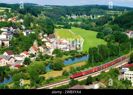 Altmühltal, village de Solnhofen, train rouge, prairies vertes, paysage, rivière Altmühl et formation rocheuse de douze Apôtres en arrière-plan, Bavière Banque D'Images