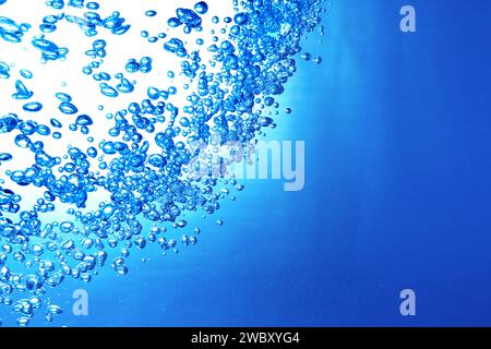 gros plan, macro de nombreuses bulles d'air sous l'eau dans un aquarium, fond bleu Banque D'Images