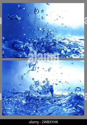 gros plan, macro de nombreuses bulles d'air sous l'eau dans un aquarium, fond bleu Banque D'Images