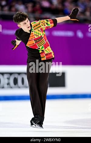 Lukas BRITSCHGI (SUI), lors du Men Free Skating, aux Championnats d'Europe de patinage artistique ISU 2024, à l'algiris Arena, le 12 janvier 2024 à Kaunas, Lituanie. Crédit : Raniero Corbelletti/AFLO/Alamy Live News Banque D'Images