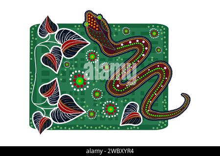 Serpent dans le style aborigène australien. Serpent et feuilles en Australie aborigène points peinture style art.Viper d'art tribal décoratif Illustration de Vecteur