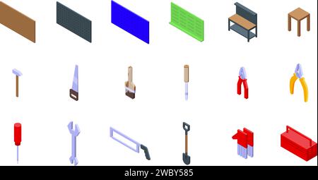 Les icônes de tableau d'outils de garage définissent le vecteur isométrique. Atelier intérieur. Équipement bureau en bois Illustration de Vecteur