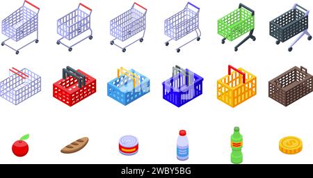 Les icônes de panier d'épicerie du consommateur définissent le vecteur isométrique. Panier. Magasin de détail Illustration de Vecteur