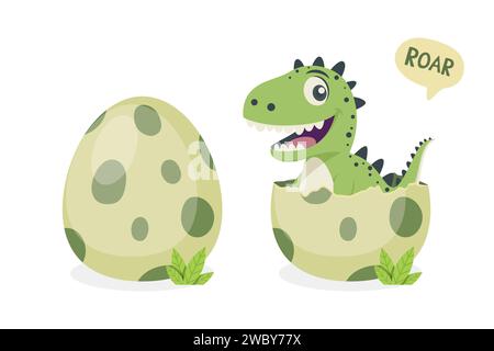 Vector Flat T-Rex éclos d'un œuf. Dessin animé souriant heureux mignon drôle Tyrannosaurus Rex assis dans l'œuf. Illustration vectorielle Illustration de Vecteur