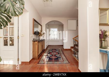 couloir d'une maison unifamiliale de différentes hauteurs avec sol en grès brun, meubles en bois, tapis et plantes d'intérieur Banque D'Images