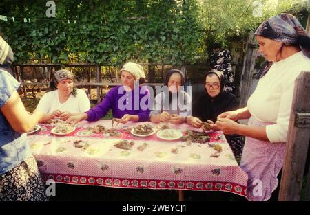 Comté de Vrancea, Roumanie, env. 1995. Un groupe de femmes locales préparant les rouleaux traditionnels de feuilles de raisin pour un événement. Banque D'Images