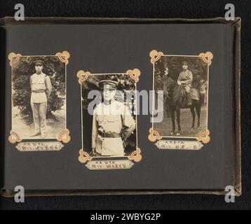 Trois portraits de soldats japonais inconnus, un à cheval, anonyme, v. 1930 - v. 1940 photographie ces photos font partie d'un album. Baryta Paper. papier gélatine argent imprimé personne historique anonyme représentée. le soldat ; la vie du soldat. cheval Banque D'Images