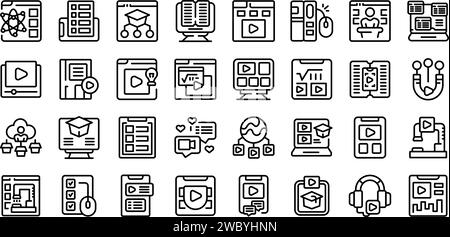 Icônes de plate-forme de tutorat en ligne définir le vecteur de contour. Formation pédagogique. Application scolaire numérique Illustration de Vecteur