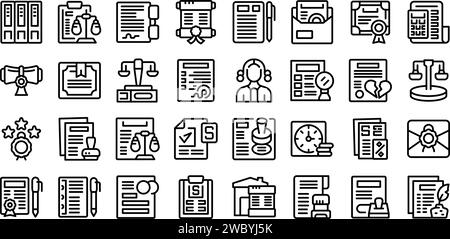 Les icônes des services notariaux définissent le vecteur de contour. Ordinateur portable de bureau. Avocat des finances Illustration de Vecteur