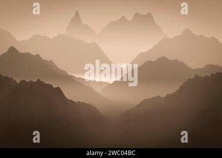 Silhouettes de hautes montagnes dans un épais brouillard. Banque D'Images