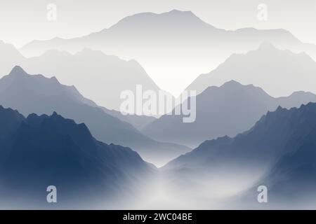 Silhouettes de hautes montagnes dans un épais brouillard. Banque D'Images