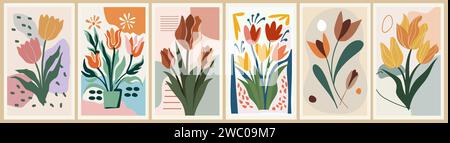 Ensemble d'art vectoriel d'affiches de fleurs de tulipe abstraites. Illustration de Vecteur