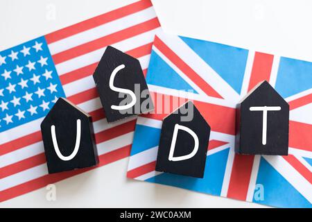 Illustration de paire de devises forex GBPUSD. Drapeau britannique et américain, avec symbole Livre et Dollar. Banque D'Images