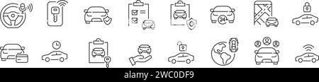 Service de location de voiture et partage. Affaires mondiales, liste de contrôle et assurance. Icônes Pixel Perfect Illustration de Vecteur