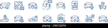 Icônes de service de location de voitures définies. Parking, assistance médicale, déverrouillage par code qr et prise en charge à l'aéroport. Icônes Pixel Perfect Illustration de Vecteur
