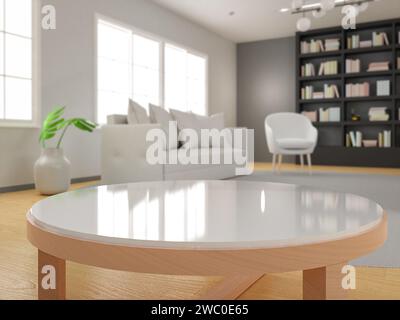 rendu 3d intérieur de salon dans un style confortable avec table centrale vide Banque D'Images