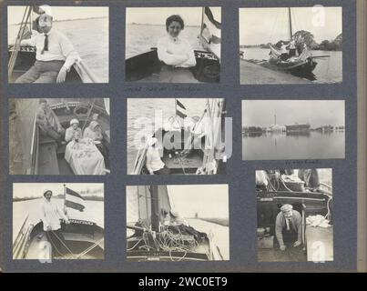 Excursion en bateau, c. 1910 - c. 1911 Photographie Album Magazine avec neuf photos de deux femmes et d'un homme sur un voilier appelé le FLIEKSEN. Aussi un enregistrement de la station de pompage de Leeghwater près de Buitenkaag sur le bord sud du Haarlemmermeer. Fait partie de l'album photo de la famille Palthe d'Almelo. Carton néerlandais. papier. support photographique impression argentique, voilier, voilier. installation de pompage, pompe-moteur ( polder) (+ variante). loisirs. La famille voyageant, en vacances aux pays-Bas. Extérieur Banque D'Images