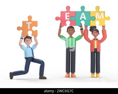 Les hommes d'affaires mettant ensemble Jigsaw le mot Team.3D rendu sur fond blanc. Banque D'Images