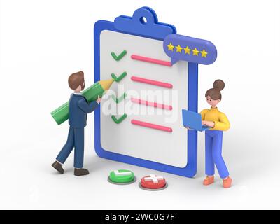 Test de remplissage des personnages de personnes dans le formulaire d'enquête client. Femme et homme mettant la coche sur la liste de contrôle. Expérience client et concept de satisfaction. Banque D'Images