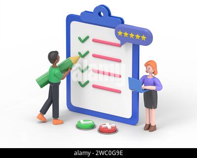 Test de remplissage des personnages de personnes dans le formulaire d'enquête client. Femme et homme mettant la coche sur la liste de contrôle. Expérience client et concept de satisfaction. Banque D'Images