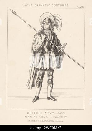 Homme d'armes anglais, règne du roi Édouard IV, 15e siècle. Chevalier en casque à plumeaux, doublet doublé avec manches suspendues, armure de genou poleyn sur le tuyau, chaussures, tenant une lance et une clé. Lithographie de Thomas Hailes Lacy's Male costumes, Historical, National and Dramatic in 200 plates, Londres, 1865. Lacy (1809-1873) était un acteur, dramaturge, directeur de théâtre et éditeur britannique. Banque D'Images