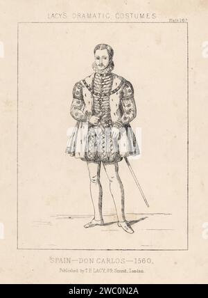 Costume de Don Carlos d'Espagne, 1560. Carlos, prince des Asturies, fils aîné et héritier apparent du roi Philippe II, 1545-68. En doublet doublé d'hermine, collier de serrage, culottes et tuyau, tenant un poignard. Lithographie de Thomas Hailes Lacy's Male costumes, Historical, National and Dramatic in 200 plates, Londres, 1865. Lacy (1809-1873) était un acteur, dramaturge, directeur de théâtre et éditeur britannique. Banque D'Images