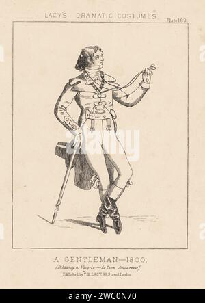 L'acteur français Louis-Arsène Delaunay dans le rôle de Vaugris dans le Lion amoureux de François Ponsard au Théâtre Français, 1866. En costume d'un gentleman de 1800. FOP en manteau d'équitation, cravate, culottes, bottes, tenant une lorgnette et canne. Lithographie de Thomas Hailes Lacy's Male costumes, Historical, National and Dramatic in 200 plates, Londres, 1865. Lacy (1809-1873) était un acteur, dramaturge, directeur de théâtre et éditeur britannique. Banque D'Images