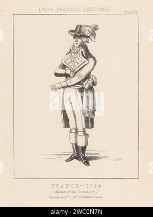 Costume d'un membre de la Convention nationale, France, 1794. En chapeau plumé, manteau d'équitation, ceinture tricolore, bottes. Lithographie de Thomas Hailes Lacy's Male costumes, Historical, National and Dramatic in 200 plates, Londres, 1865. Lacy (1809-1873) était un acteur, dramaturge, directeur de théâtre et éditeur britannique. Banque D'Images