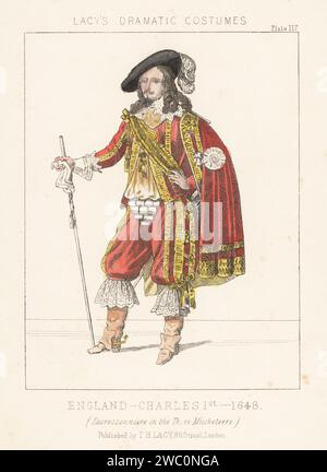 L'acteur français Louis Lacressonnière dans le rôle du roi Charles Ier dans les trois Mousquetaires d'Alexandre Dumas, Théâtre de l'ambigu comique, 1845. En bonnet à plumé, cape en velours, riche doublet et culottes, bottes, volants en dentelle. Lithographie coloriée à la main de Thomas Hailes Lacy's Male costumes, Historical, National and Dramatic in 200 plates, Londres, 1865. Lacy (1809-1873) était un acteur, dramaturge, directeur de théâtre et éditeur britannique. Banque D'Images