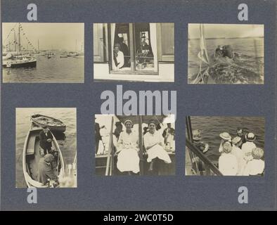 Voyage en voilier (2), c. 1910 - c. 1911 Photography Album Magazine avec six photos de personnes, de voiliers et d'autres bateaux sur l'eau. Sur la photo en bas à droite (vraisemblablement) Jan Croockewit. Fait partie de l'album photo de la famille Palthe d'Almelo. Carton néerlandais. papier. support photographique impression argentique, voilier, voilier. Remorqueur, pousseur remorqueur pays-Bas Banque D'Images