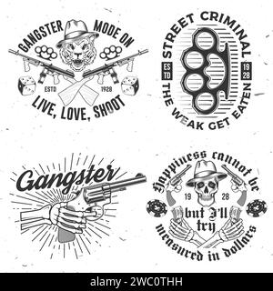 Ensemble d'écussons de club de gangster. Illustration vectorielle. Étiquette monochrome vintage, autocollant, patch avec gangster, mitraillette et gangster tigre Illustration de Vecteur