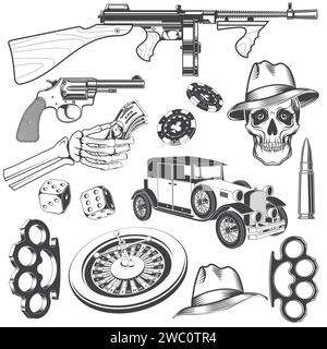 Ensemble gangster. Illustration vectorielle. Vintage monochrome icône roue casino, jarret, dés, voiture rétro, main squelette tenant un revolver, mitrailleuse Illustration de Vecteur