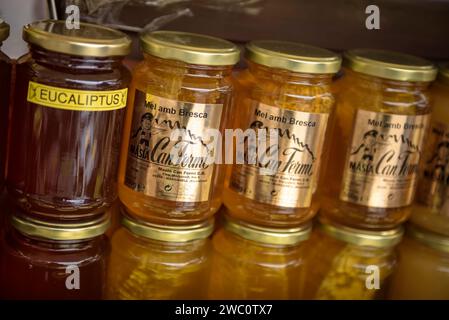 Produits gastronomiques traditionnels catalans du marché sous l'abbaye de Montserrat (Bages, Barcelone, Catalogne, Espagne) Banque D'Images