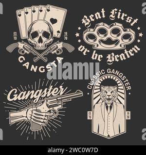 Ensemble d'écussons de club de gangster. Illustration vectorielle. Étiquette monochrome vintage, autocollant, patch avec gangster, mitraillette et gangster tigre Illustration de Vecteur