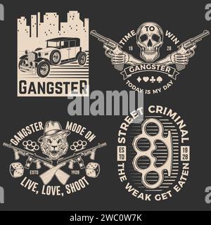 Ensemble d'écussons de club de gangster. Illustration vectorielle. Étiquette monochrome vintage, autocollant, patch avec gangster, mitraillette et gangster tigre Illustration de Vecteur