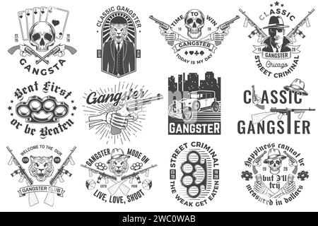 Ensemble d'écussons de club de gangster. Illustration vectorielle. Étiquette monochrome vintage, autocollant, patch avec gangster, mitraillette et gangster tigre Illustration de Vecteur