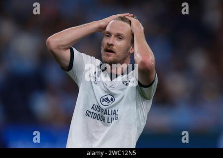 Sydney, Australie. 13 janvier 2024. Ben Halloran d'Adelaide United réagit lors du match de Ligue A entre Adelaide United et Sydney FC au Allianz Stadium, Sydney, Australie, le 13 janvier 2024. Photo de Peter Dovgan. Usage éditorial uniquement, licence requise pour un usage commercial. Aucune utilisation dans les Paris, les jeux ou les publications d'un seul club/ligue/joueur. Crédit : UK Sports pics Ltd/Alamy Live News Banque D'Images