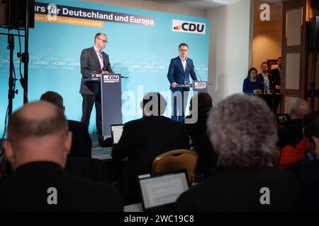 Abschlusspressekonferenz zur Klausurtagung des CDU-Bundesvorstands Friedrich Merz Parteivorsitzender, Christlich Demokratische Union Deutschlands gemeinsam mit Dr. Carsten Linneman Generalsekretaer der CDU Deutschlands BEI der Pressekonferenz Abschum Abschluss der Kraudersung, Heidelberg CDU 13.01.2024 Heidelberg Baden-Wuerttemberg Deutschland *** Conférence de presse de clôture de la réunion à huis clos du Comité exécutif fédéral de la CDU Friedrich Merz Président du Parti, Union chrétienne-démocrate d'Allemagne Banque D'Images