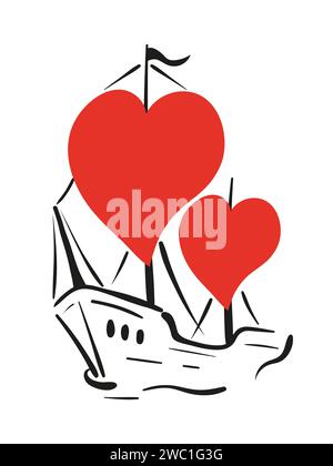 Bateau Doodle avec voiles en forme de coeur. Concept d'amour. Illustration vectorielle romantique Illustration de Vecteur