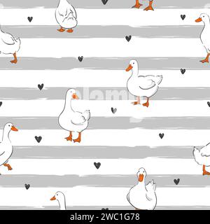 Motif sans couture mignon canards. Illustration d'oiseau de canard de vecteur sur fond rayé Illustration de Vecteur