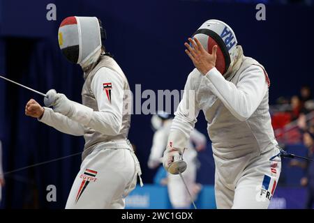 Paris, France. 13 janvier 2024. MADER Joffrey (FRA) a perdu contre HAMZA Mohamed (EGY) 32e lors du Mazars Challenge International de Paris 2024, coupe du monde Foil le 13 janvier 2024 au stade Pierre de Coubertin à Paris, France - photo Stéphane Allaman/DPPI crédit : DPPI Media/Alamy Live News Banque D'Images