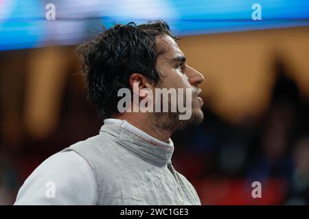 Paris, France. 13 janvier 2024. MADER Joffrey (FRA) a perdu contre HAMZA Mohamed (EGY) 32e lors du Mazars Challenge International de Paris 2024, coupe du monde Foil le 13 janvier 2024 au stade Pierre de Coubertin à Paris, France - photo Stéphane Allaman/DPPI crédit : DPPI Media/Alamy Live News Banque D'Images