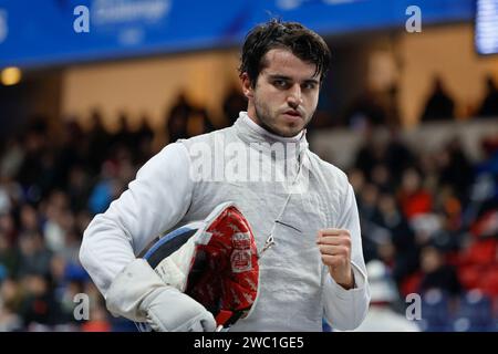 Paris, France. 13 janvier 2024. MADER Joffrey (FRA) a perdu contre HAMZA Mohamed (EGY) 32e lors du Mazars Challenge International de Paris 2024, coupe du monde Foil le 13 janvier 2024 au stade Pierre de Coubertin à Paris, France - photo Stéphane Allaman/DPPI crédit : DPPI Media/Alamy Live News Banque D'Images